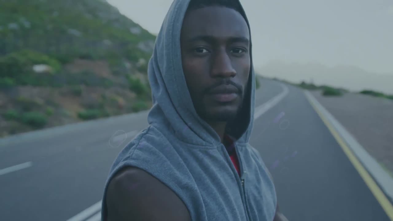 animación de senderos azules sobre un corredor afroamericano