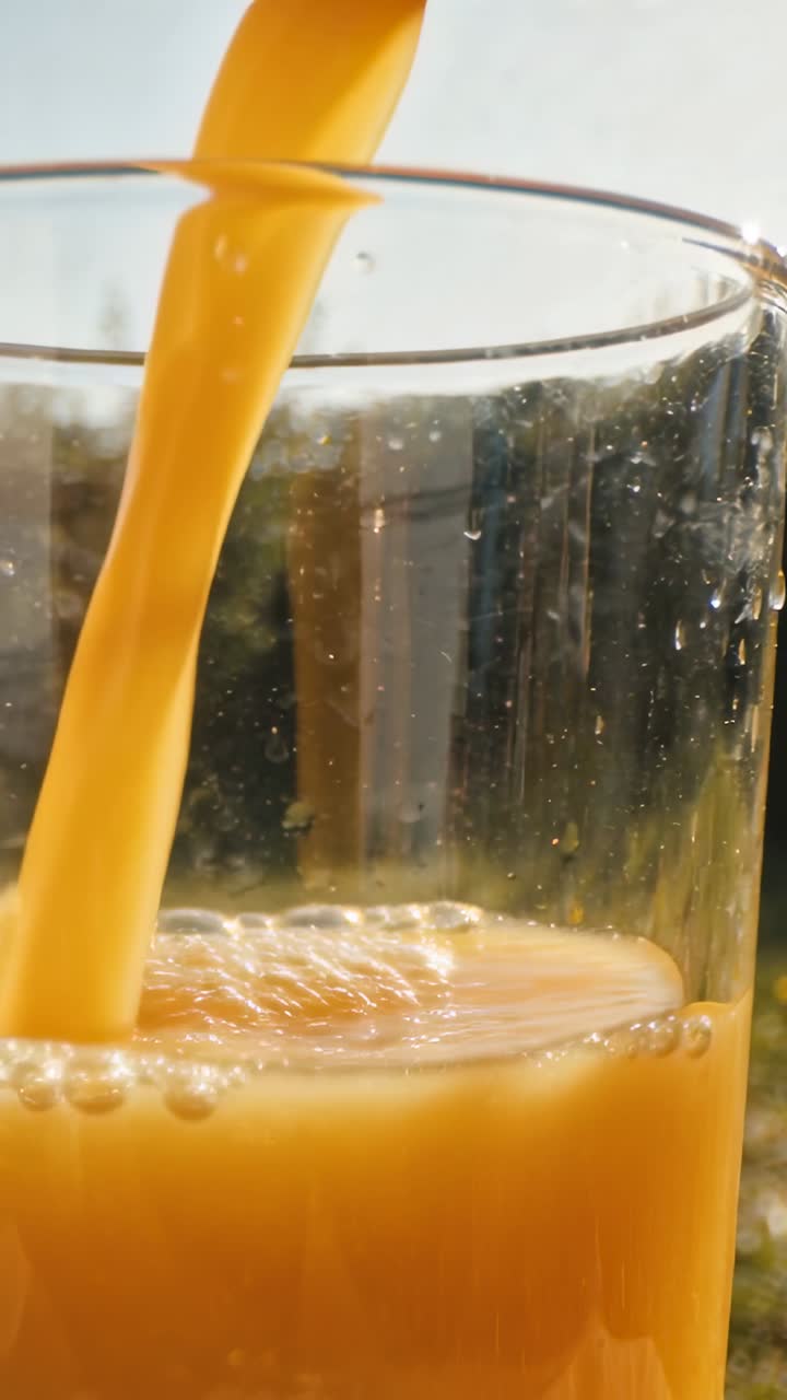 Primo piano di succo d'arancia fresco versato in un bicchiere all'aperto