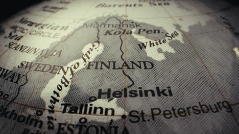 close-up of a world globe focusing on northern europe