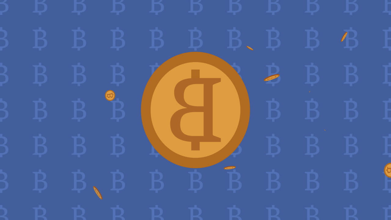 animación de bitcoins sobre el patrón en fondo azul