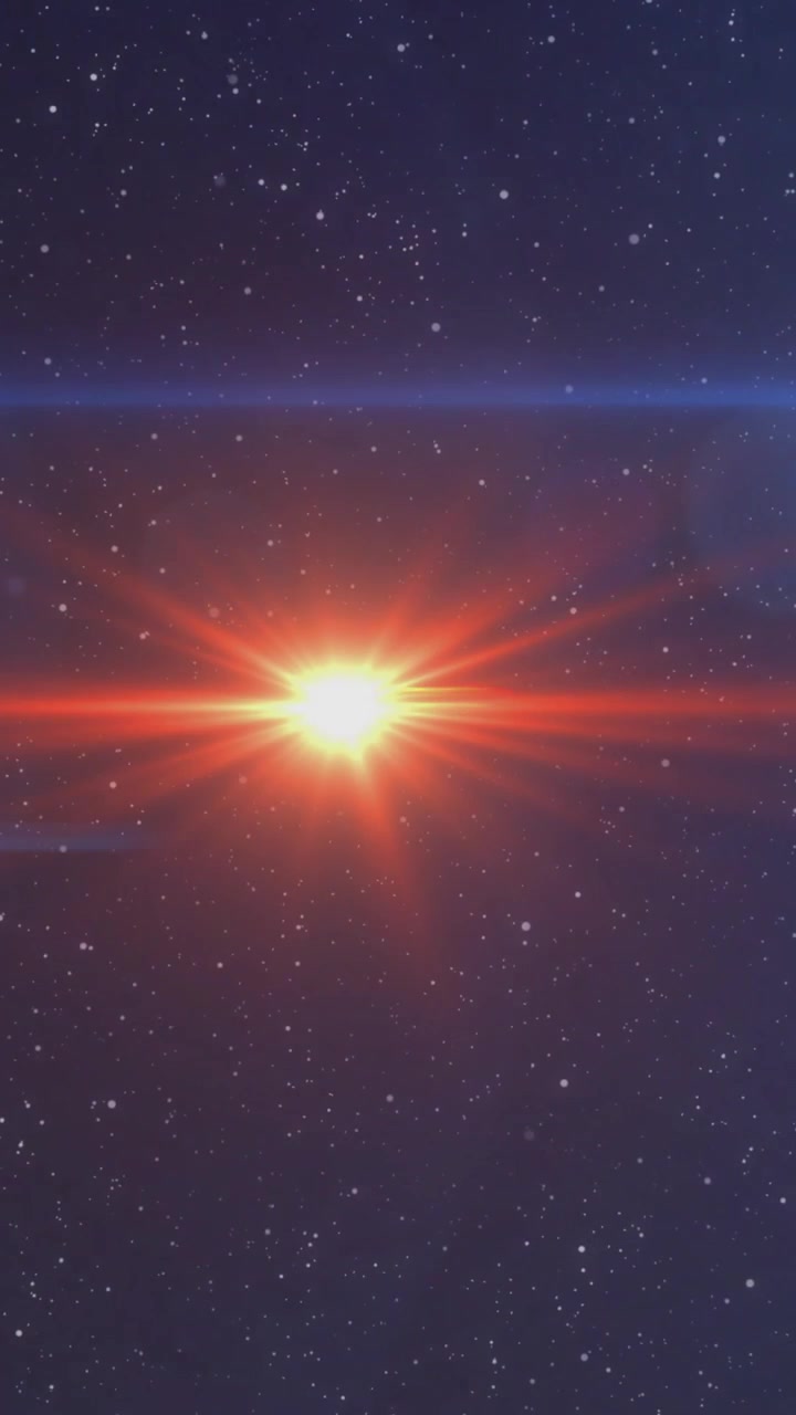 Video verticale: Fasce arancioni che sorgono, un bagliore scintillante si muove a sinistra attraverso le stelle, creando un alone sull'obiettivo