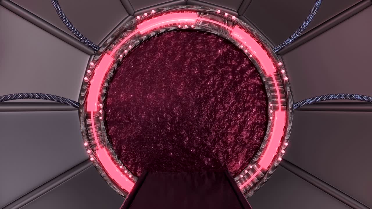 vista panorámica de la escena del paisaje de la estación. animación en 3d de cerca fondo abstracto de corredor de ciencia ficción con portal. tecnología futurista abstracto vj sin costuras para títulos tecnológicos y fondo.