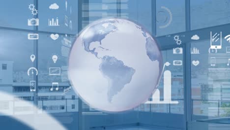 animación del globo sobre el procesamiento de datos con iconos sobre el paisaje urbano