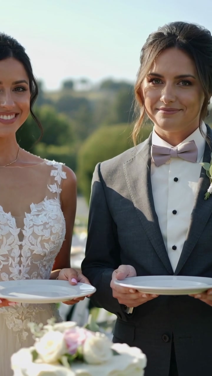 Vertical video: Camera cueing couple in wedding dress, suit holding plates at lawn wedding for cake
