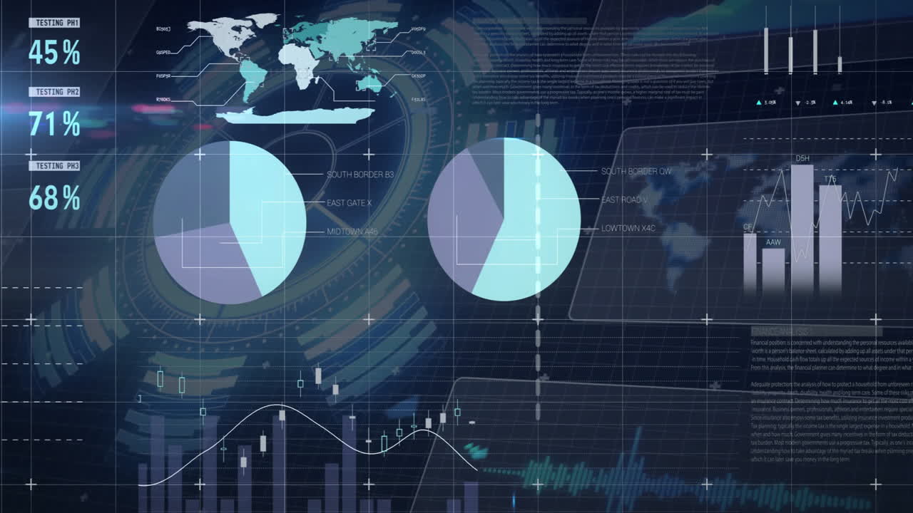 Global data analysis animation over pie charts and bar graphs
