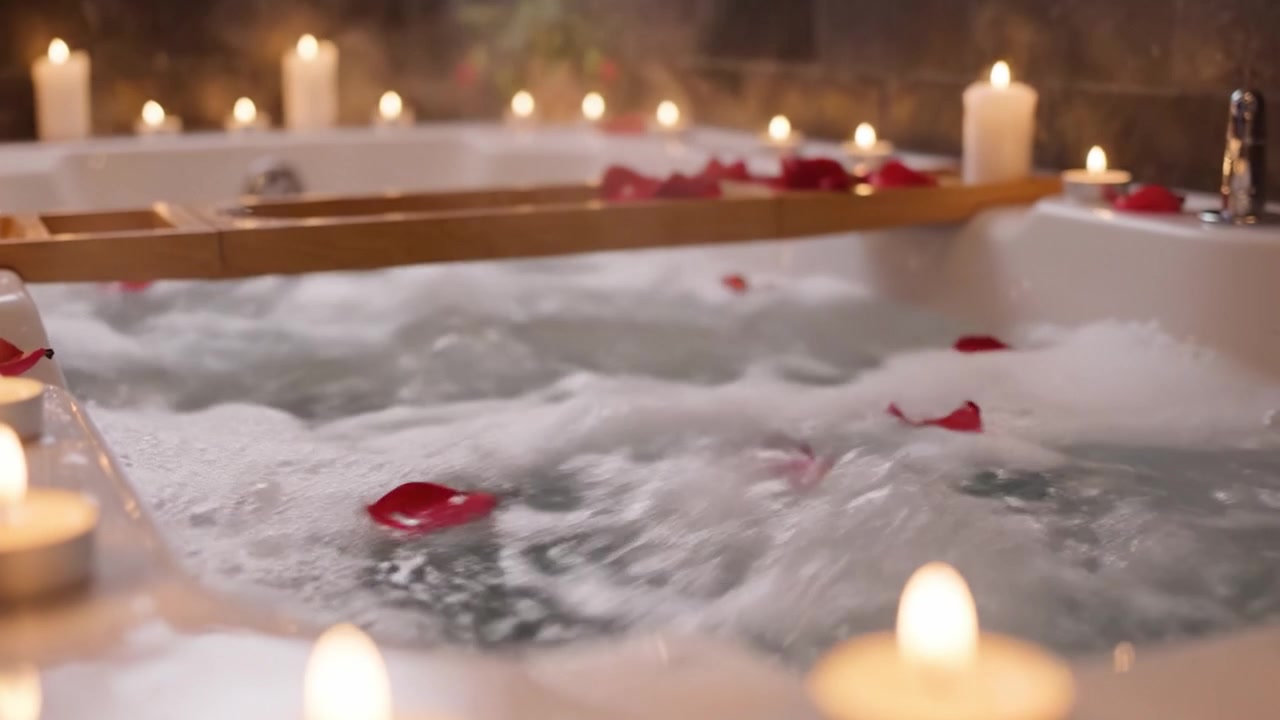 Rilassante esperienza spa con vasca idromassaggio gorgogliante circondata da candele profumate e petali di rosa per un'atmosfera rilassante e romantica.