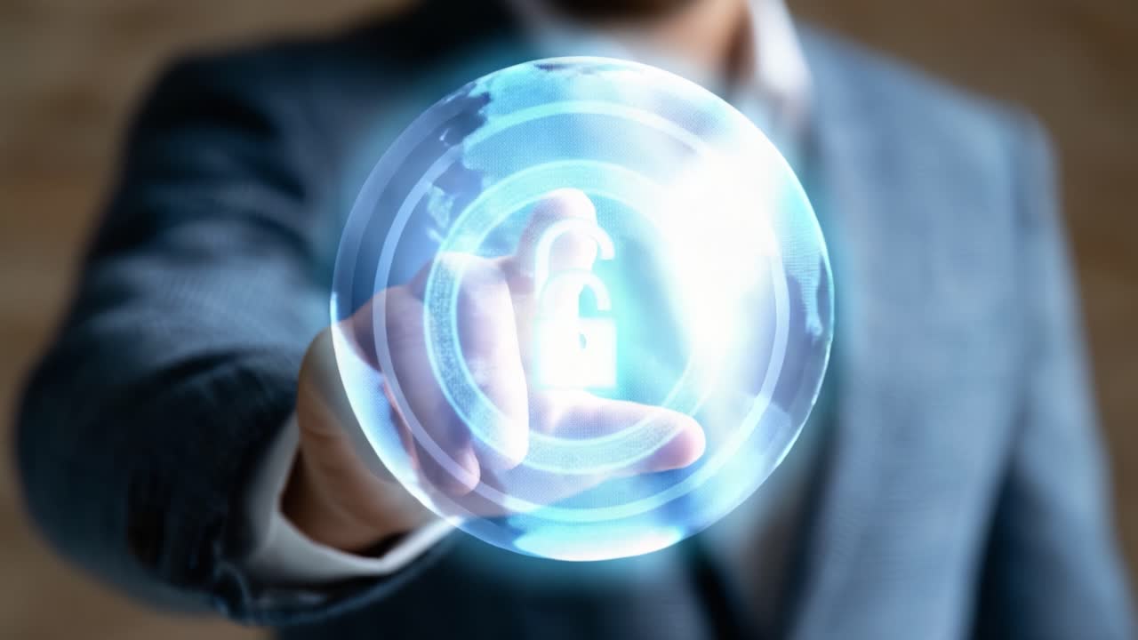 Uma representação futurista da segurança digital, mostrando uma pessoa interagindo com um símbolo de cadeado brilhante, enfatizando a importância da cibersegurança e proteção no mundo moderno