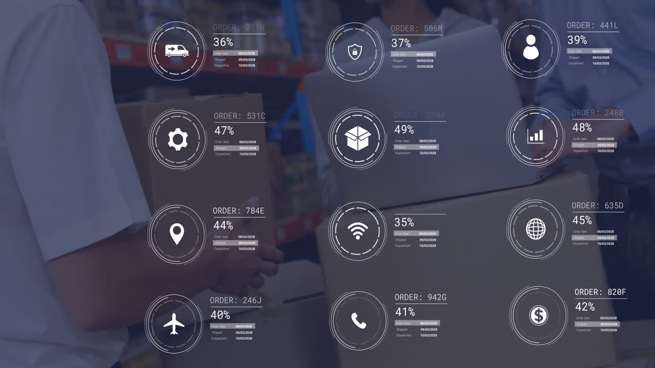 animación de procesamiento de datos contra dos supervisores masculinos caucásicos que mantienen una caja en el almacén