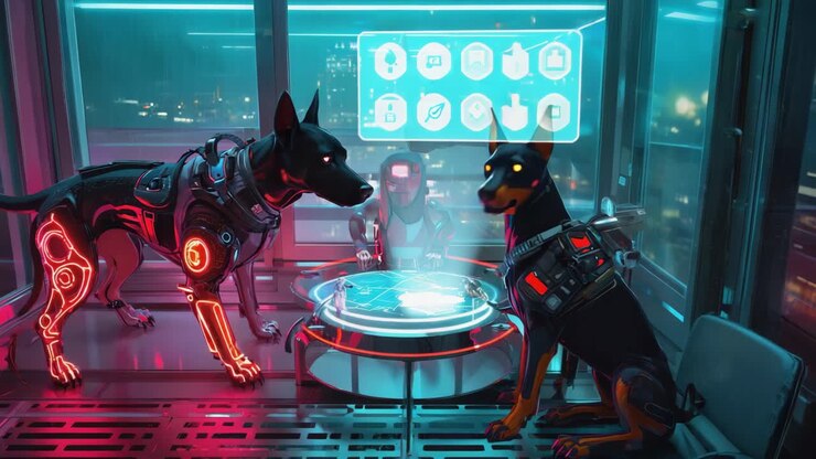 Cyberpunk Dogs and Operator in Futuristic Control Room