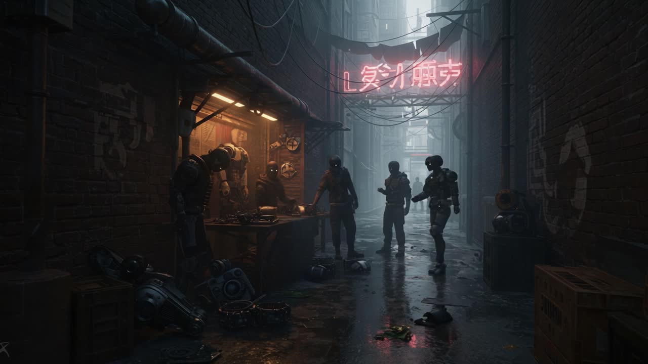 A Dark Alleyway Scene with Futuristic Characters Engaged in Commerce and Interaction Under Neon Lights and Rain, Highlighting a Dystopian Urban Atmosphere