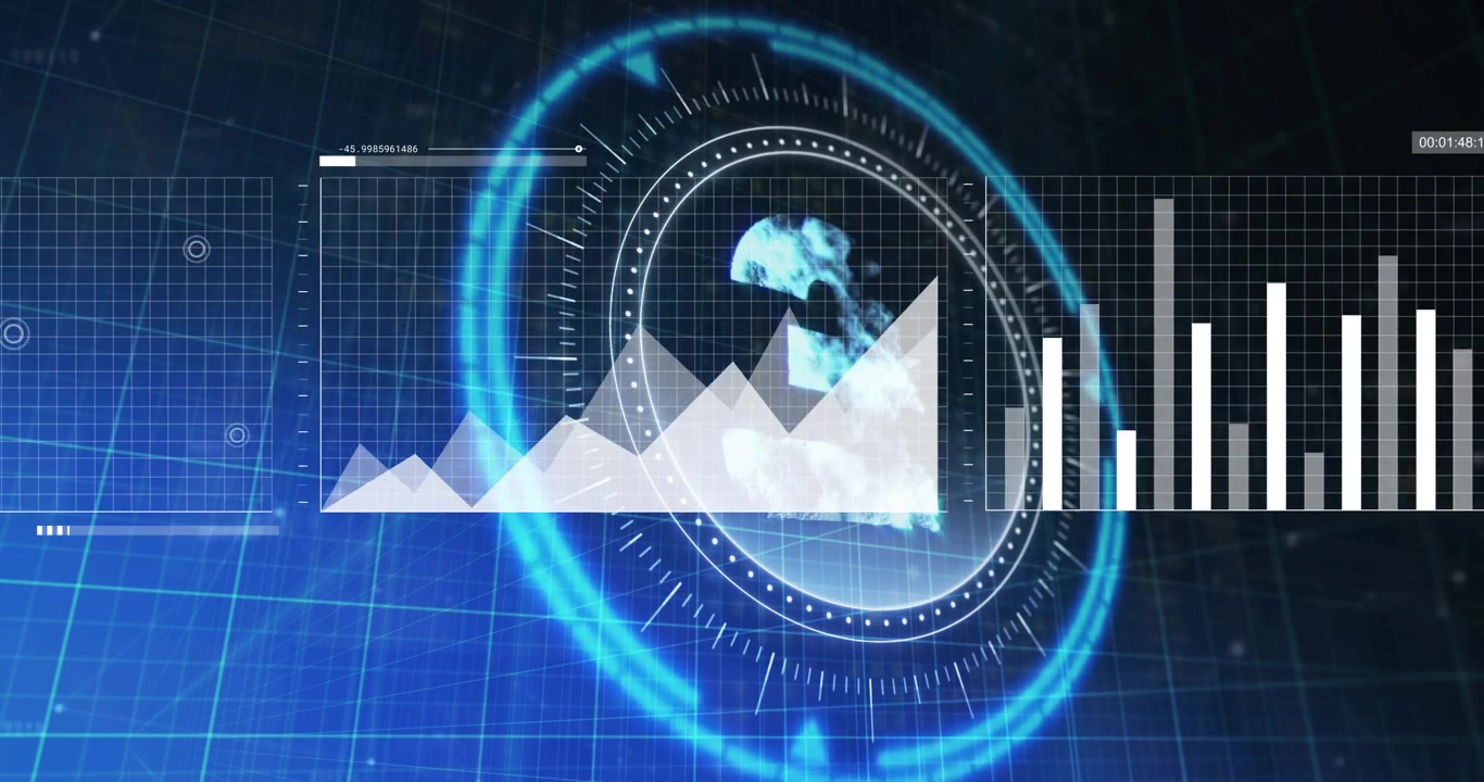 On data feed starting central holo reticle forming plume, charts animating for monitoring trends