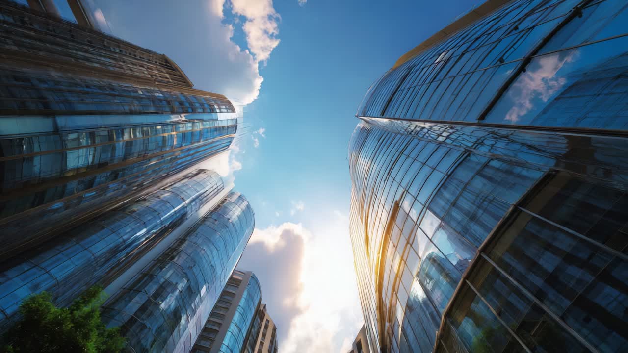 Uma perspectiva impressionante da arquitetura moderna: vistas cativantes de edifícios de vidro reflexivo que se estendem em direção ao céu, destacando o design inovador e o esplendor urbano em uma paisagem urbana encantadora