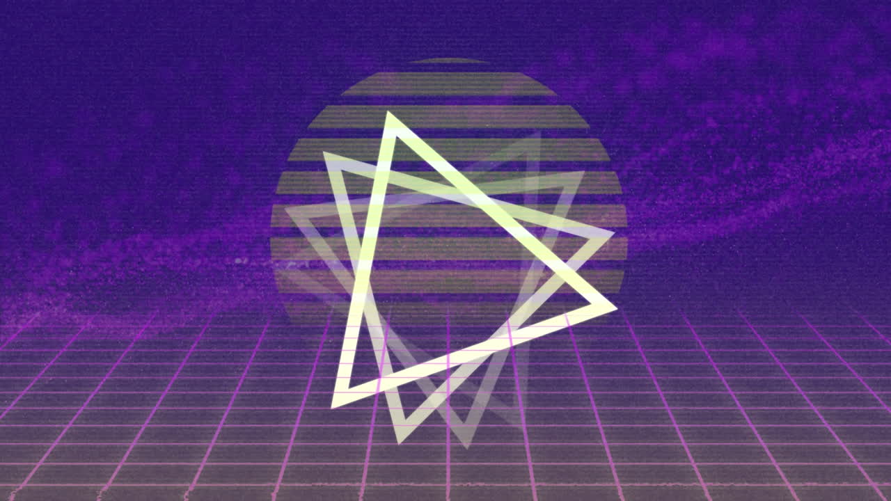 점과 디지털 태양 위로 움직이는 빛의 삼각형의 애니메이션