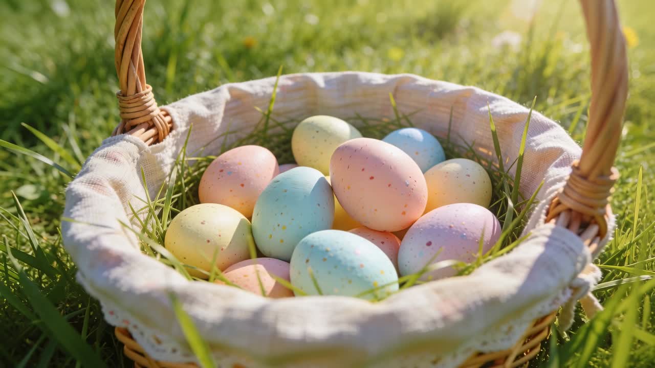 Pulling back camera revealing wicker basket on lawn, showing cloth liner, lace trim, pastel eggs