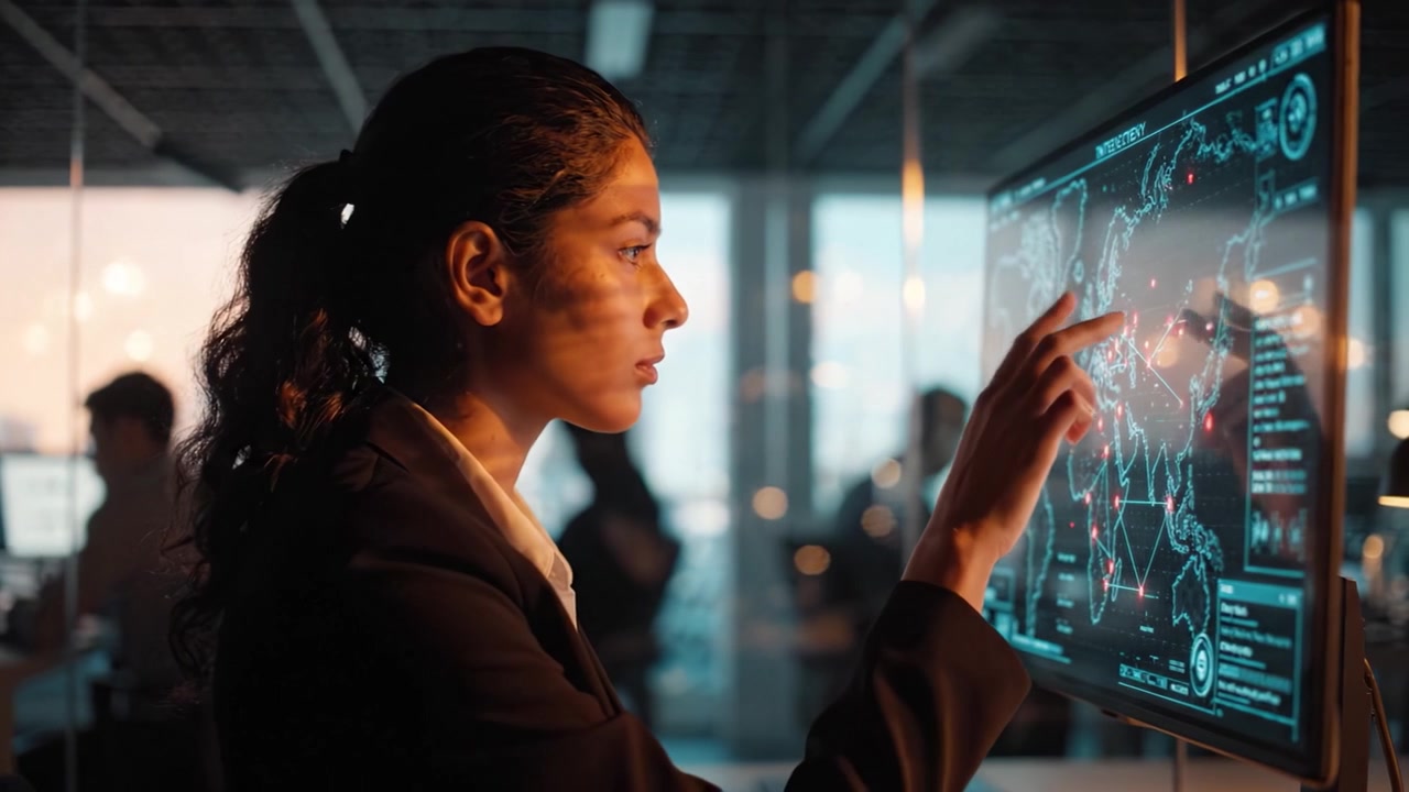 Focused Professional Analyzing Complex Data on Advanced Display in Modern Office Environment, Reflecting Skill and Determination in a Strategic Role