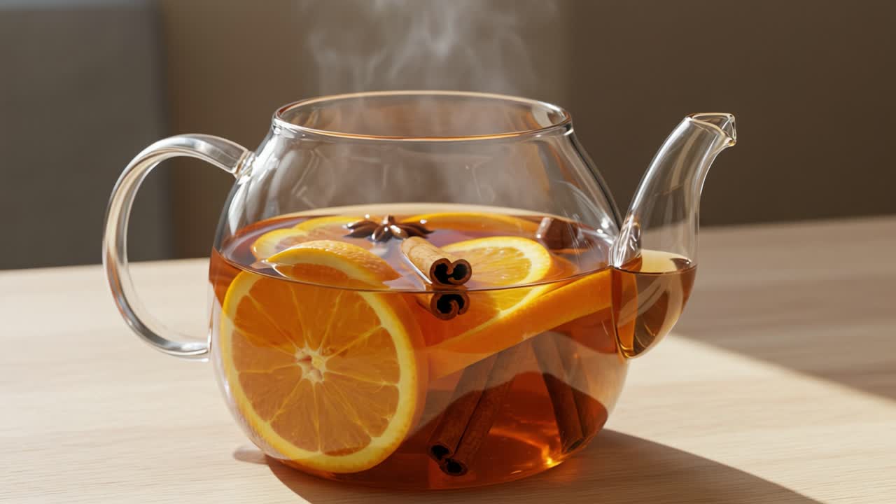 Steaming Hot Tea with Orange Slices, Cinnamon, and Star Anise in a Glass Teapot