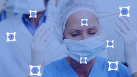 medical data network animation over healthcare professionals in hospital