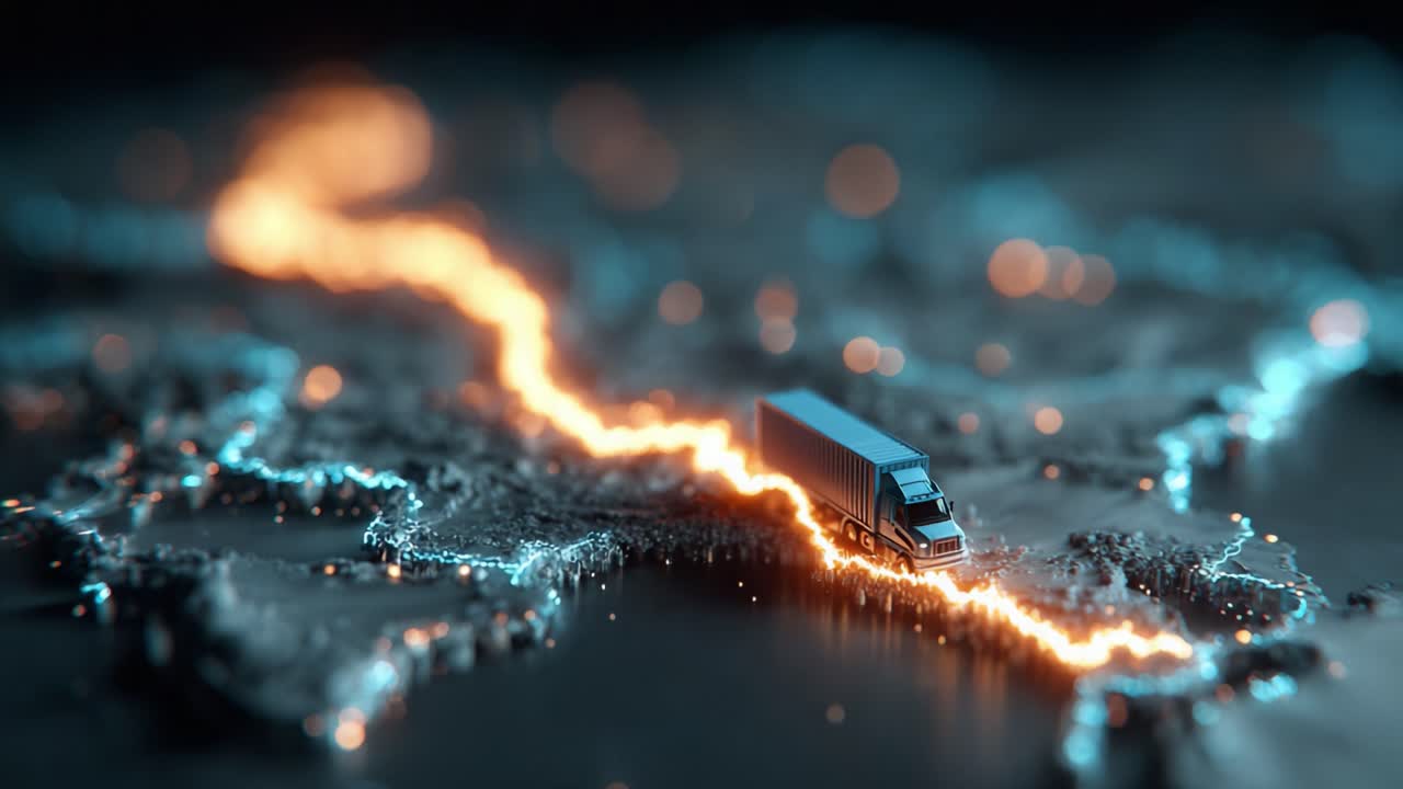 A Truck Navigating an Electrifying Route on a Digital Map: A Visual Representation of Modern Transportation and Connectivity
