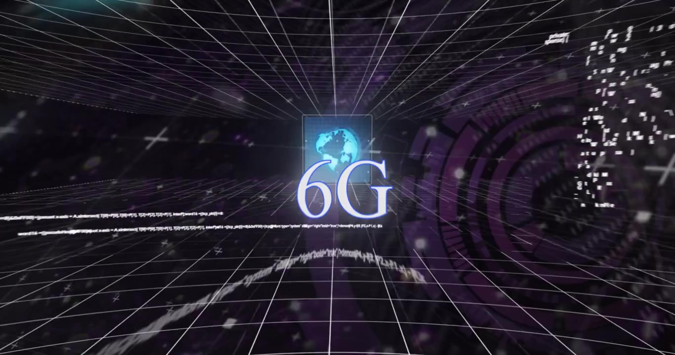 Animazione del testo 6G, globo con rete di connessioni ed elaborazione dati.