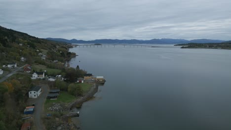 tresfjordbrua bridge in norway with surrounding landscape, aerial view