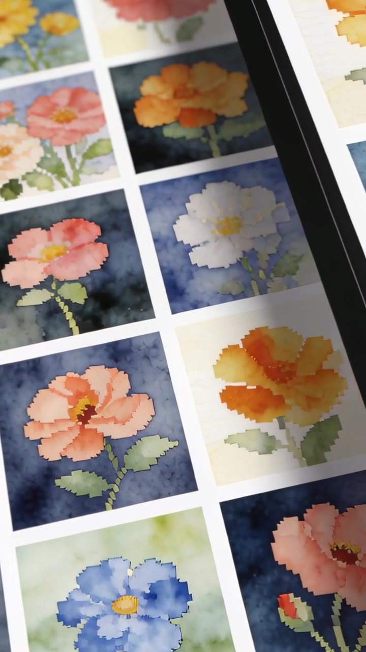 Vertical video: Sliding black strip causing camera panning, revealing pixel floral grid at desk