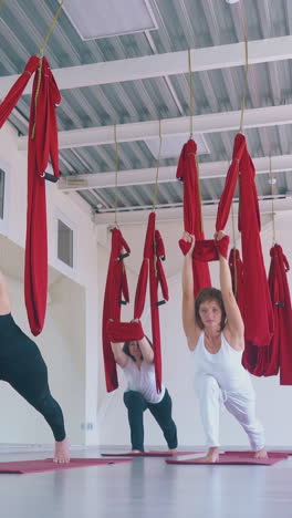 camera removes from women group standing in warrior asana and holding anti-gravity yoga hammocks low angle shot