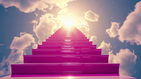 pink staircase ascending to a bright, cloudy sky