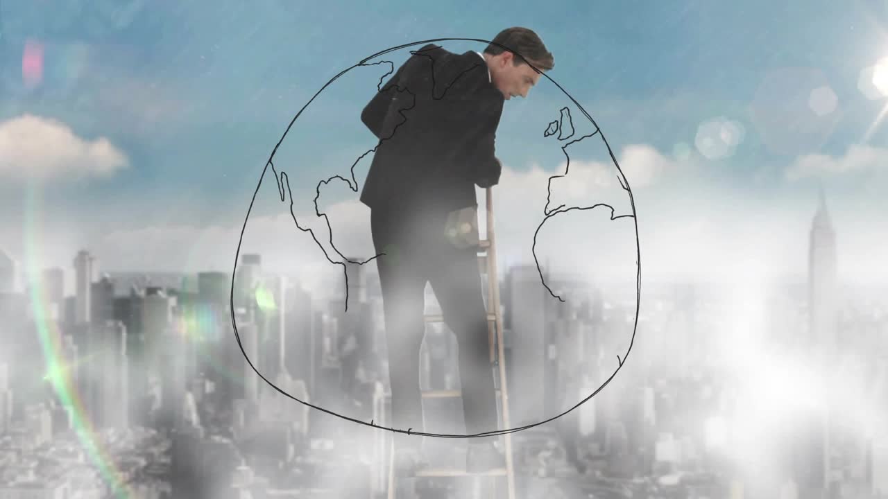 街のスケッチの上のはしごに立つ男性。彼を覆うように地球儀が形作られ始め、ビジネスの広がりを示している。