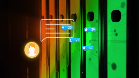 social media interaction icons animation over colorful server racks