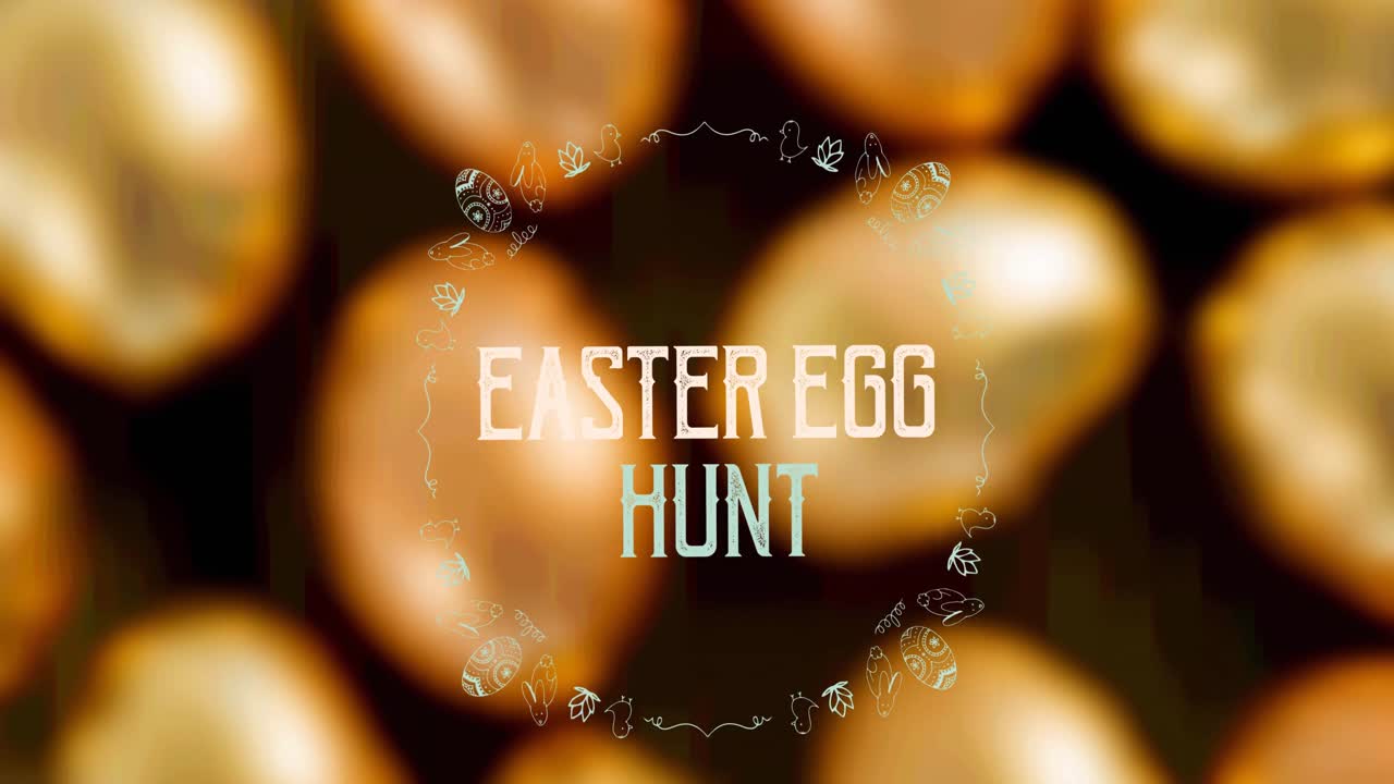 부활절 달 사냥의 애니메이션 텍스트가 초점 밖으로 황금 부활절 알을 배경으로