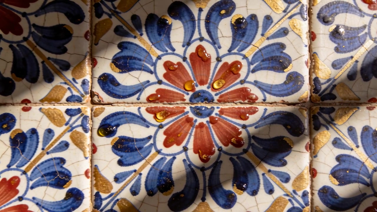 Luce solare che entra dalla finestra, illuminando da vicino le piastrelle e rivelando un motivo floreale, le fughe screpolate e un'ombra.