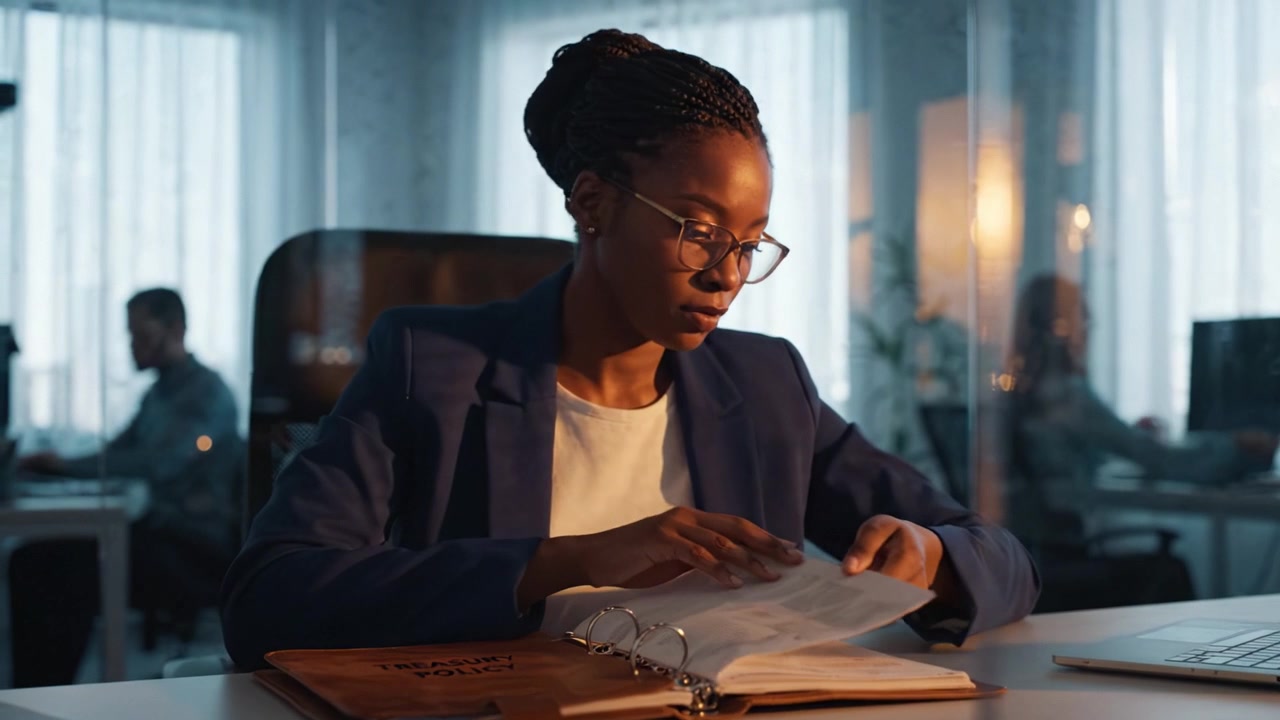 Focused Professional Reviewing Documents in an Office Setting, Exhibiting Dedication and Concentration on Important Work in a Collaborative Environment