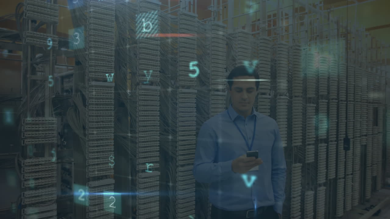 Mand, der taler i telefon fra serverrum med bevægelige datasikkerhedsbeskeder