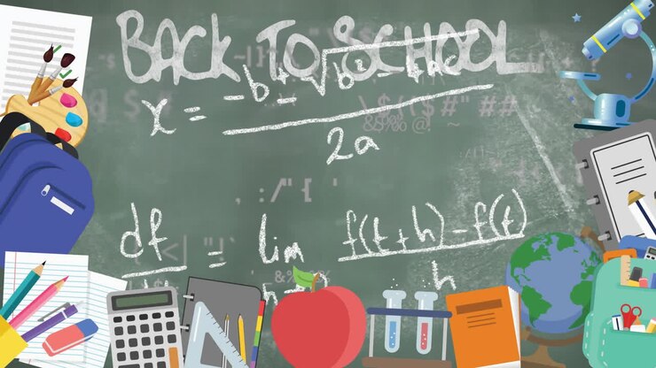 Animation of school icons and back to school text over mathemtical equations