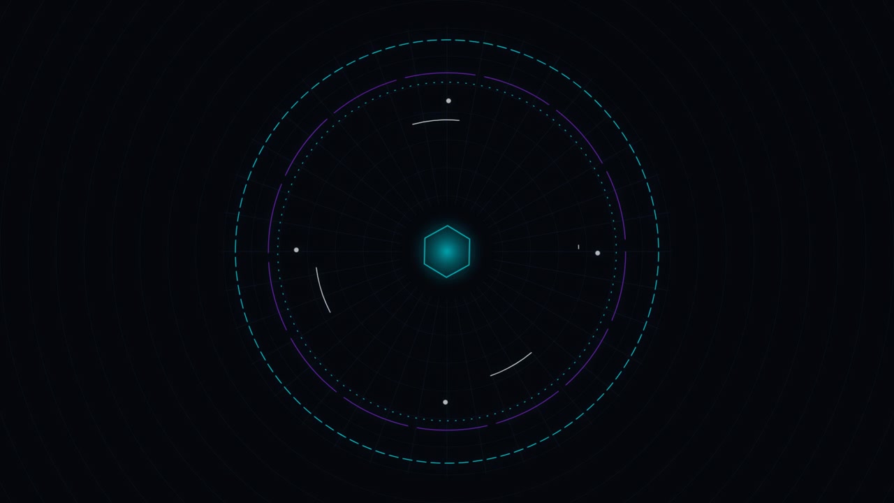 Abstract Digital HUD Interface with Rotating Hexagon and Circular Elements