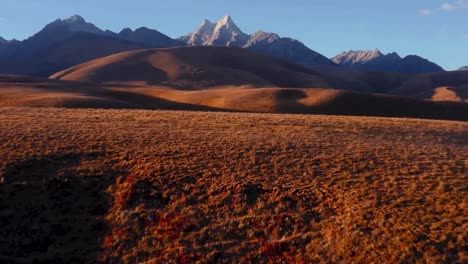 aerial drone flying in reverse over tibetan plateau during a sunny day. the grass and wheat is golden brown and tall, steep mountains with blue sky behind them is visible in the background during day.