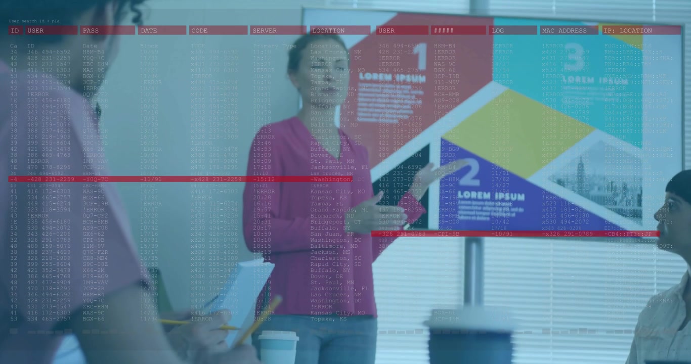 Host gesturing in business meeting causing code overlay with red bars explaining numbered sections