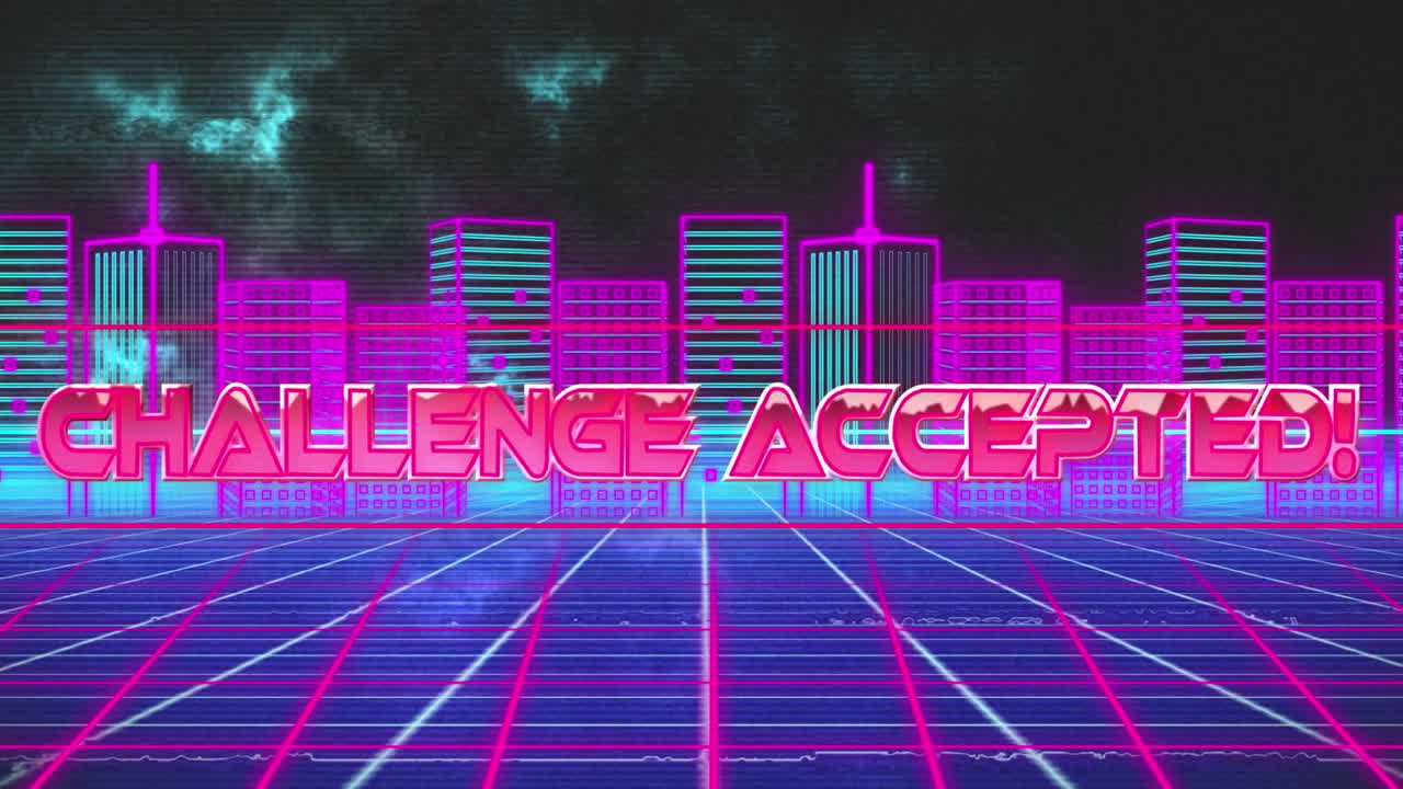 핑크 텍스트 도전의 애니메이션이 받아들여졌고, 파란색 그리드 위에 핑크색과 파란색 도시 풍경이 검은색에 있습니다.