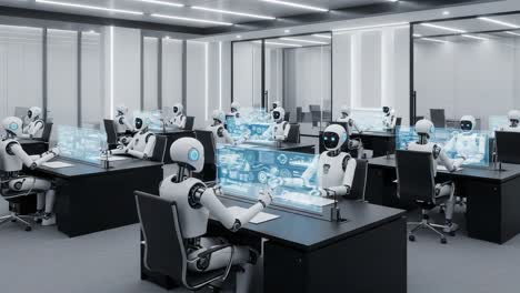 a futuristic office environment featuring advanced robots engaged in digital interactions and collaborative tasks, emphasizing technology's role in workspaces
