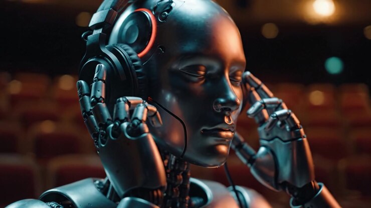Un robot umanoide con caratteristiche metalliche si concentra sulla stimolazione uditiva mentre indossa cuffie, mettendo in mostra tecnologia avanzata ed emozione in un ambiente teatrale