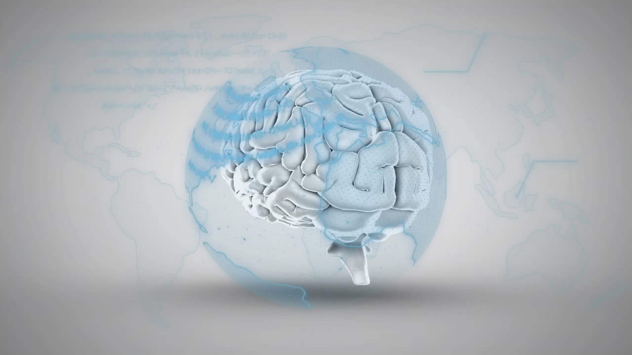 Animation of programming language on rotating globe over digital brain on abstract background