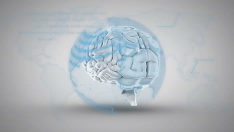 animación de un lenguaje de programación en un globo giratorio sobre un cerebro digital en un fondo abstracto.