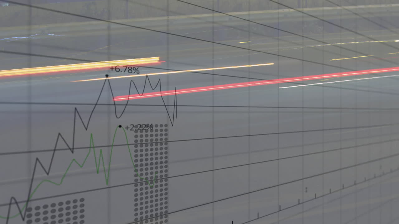 Rising financial graph with data points animation over blurred office background