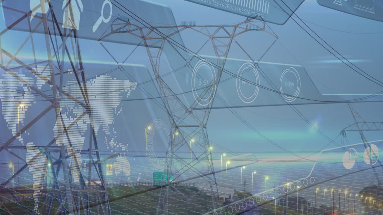 High-voltage transmission towers displaying digital UI overlay, featuring world map, gauges, charts