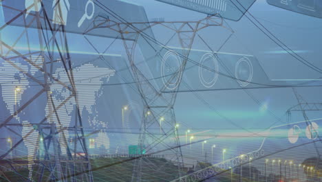 high-voltage transmission towers displaying digital ui overlay, featuring world map, gauges, charts