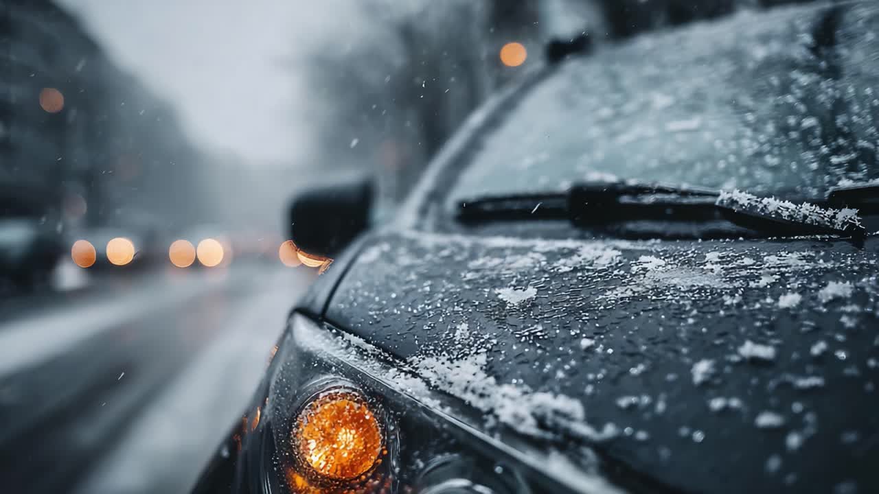 A Winter Drive Through Snowy Streets: Surreal Captures of a Car Covered in Snowflakes, Illuminated by Glistening City Lights in a Winter Wonderland