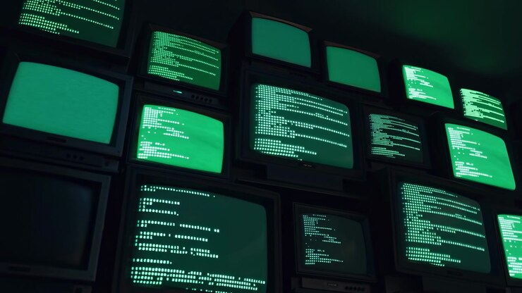 Schermi monocromatici verdi mostrano linee di testo informatico che cambiano su monitor impilati di vecchio stile, mentre l'ambiente scuro e l'inquadratura dal basso enfatizzano i display elettronici a strati.