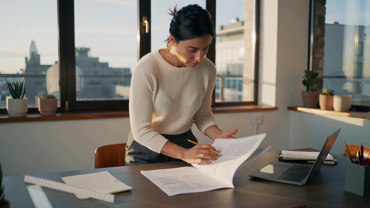 Leaning woman in cream knit scanning stacked papers, reviewing at desk, marking with yellow pencil