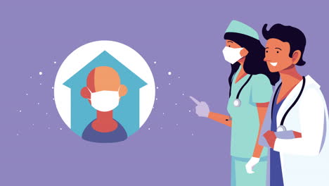professionals doctors couple with person wearing medical mask animation