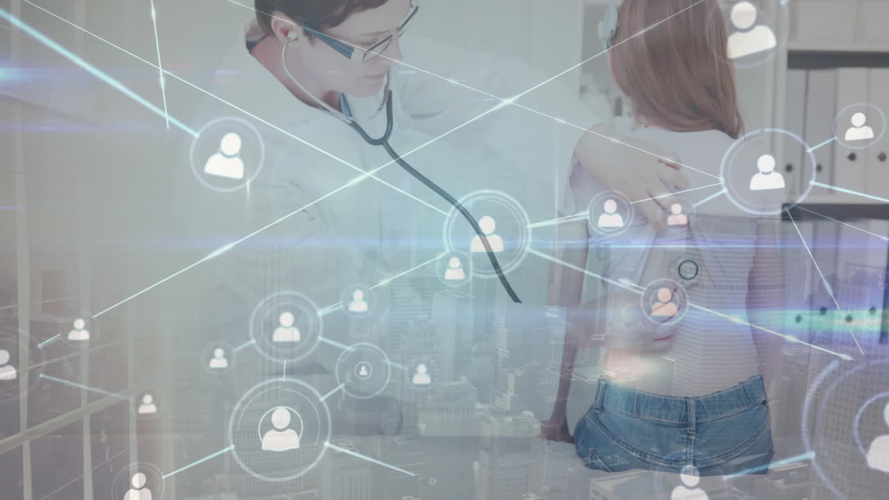 백인 의사가 스테토스코프로 환자의 등을 검사하는 연결된 프로필 아이콘의 애니메이션